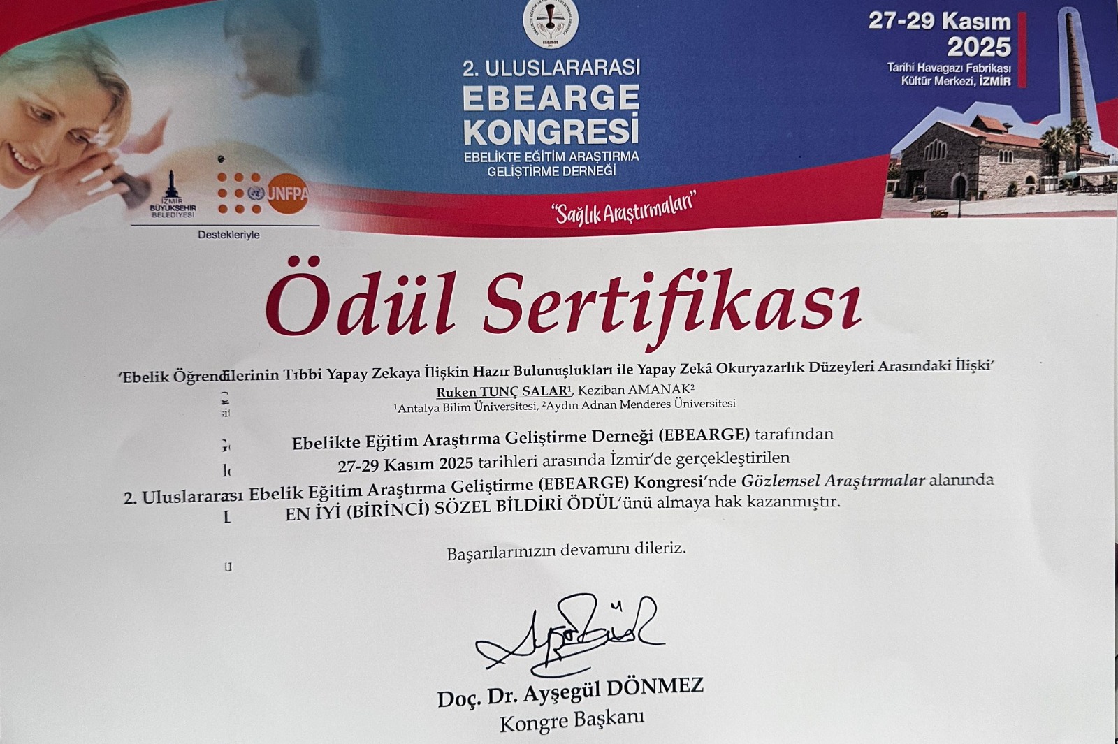 Öğretim Üyemiz ve Doktora Öğrencimizin Çalışması En İyi Sözlü Bildiri Ödülü Kazandı