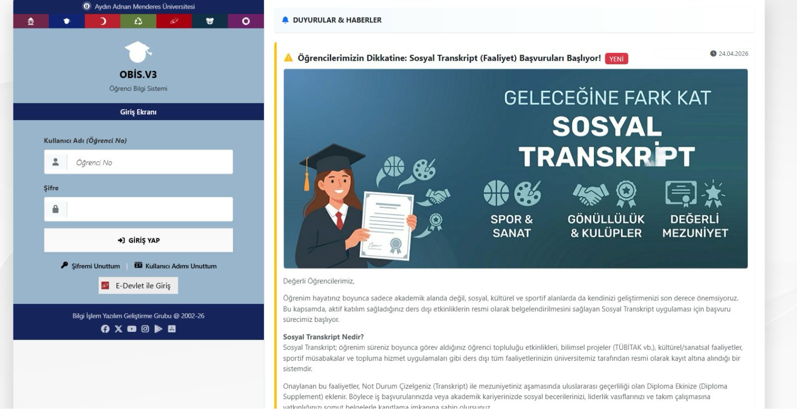 Üniversitemizde Sosyal Transkript Uygulaması Başladı
